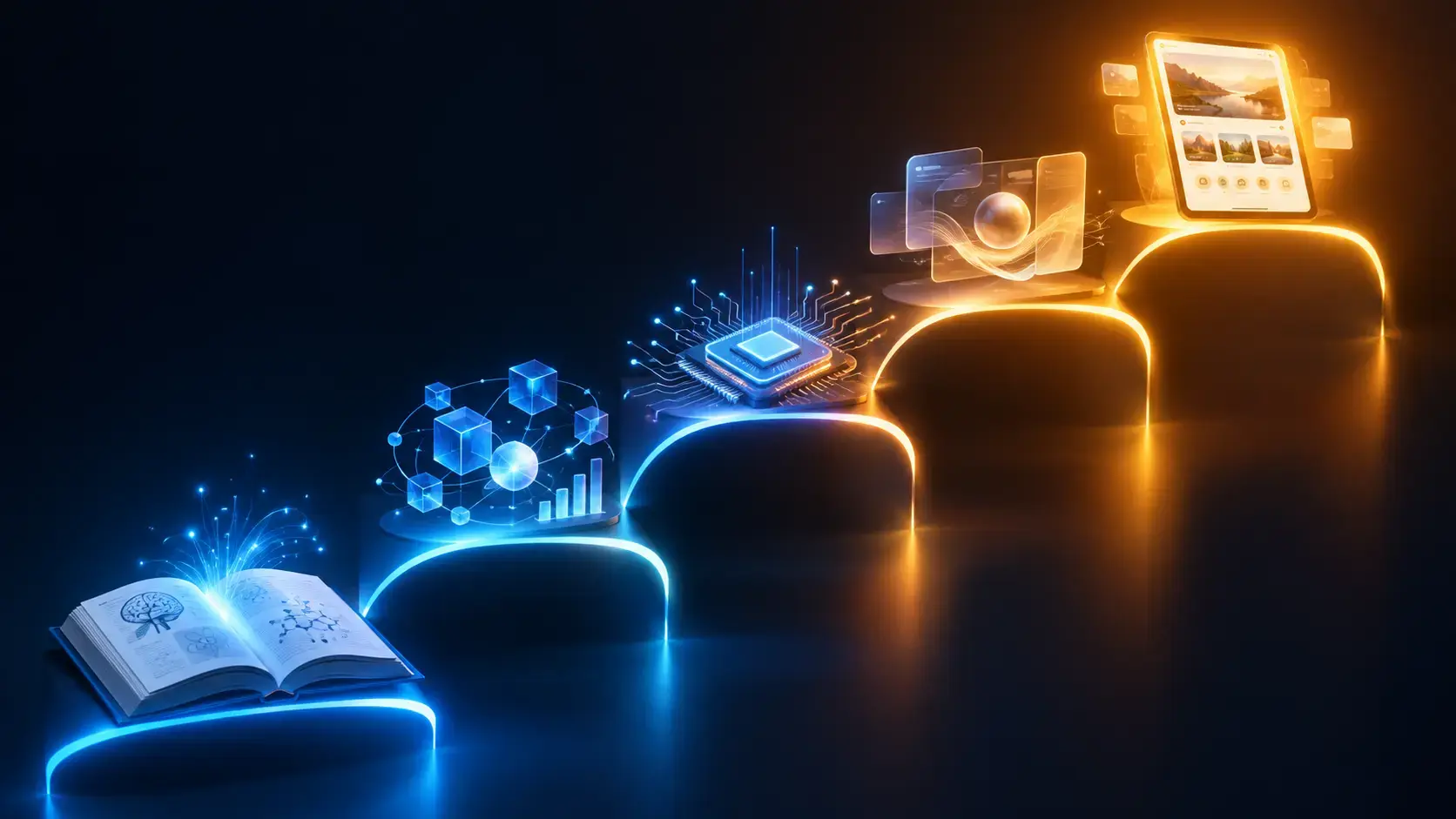 Five glowing arch-shaped steps ascending from a scientific book to a product interface, representing the five stages of AI commercialization from research paper to market position