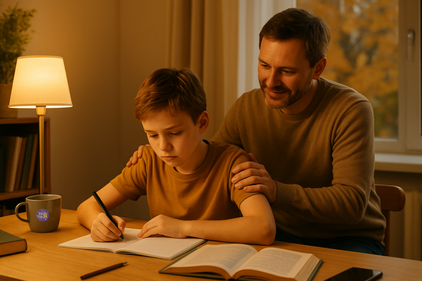 Ребёнок 10–12 лет делает домашнее задание за столом с книгами и тетрадями, рядом сидит родитель с мягкой улыбкой, уютная осенняя атмосфера и тёплый свет лампы