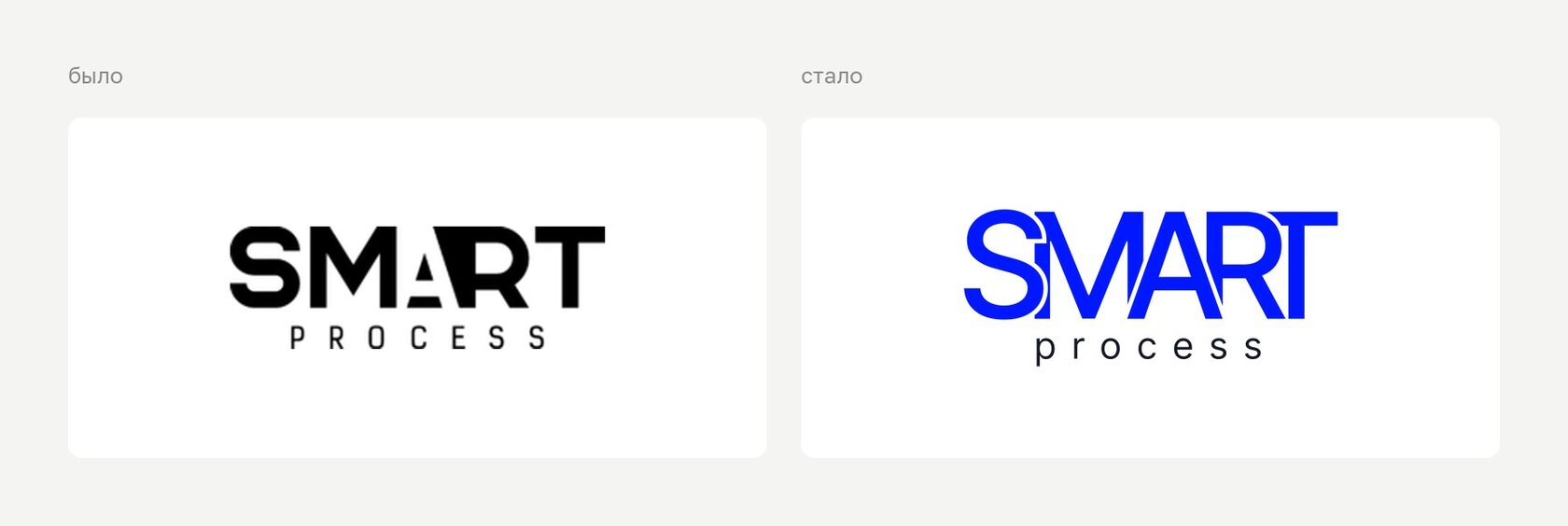Логотип Smart Process до и после ребрендинга: две строки и крупное SMART сохранены, рисунок букв и цвет новые