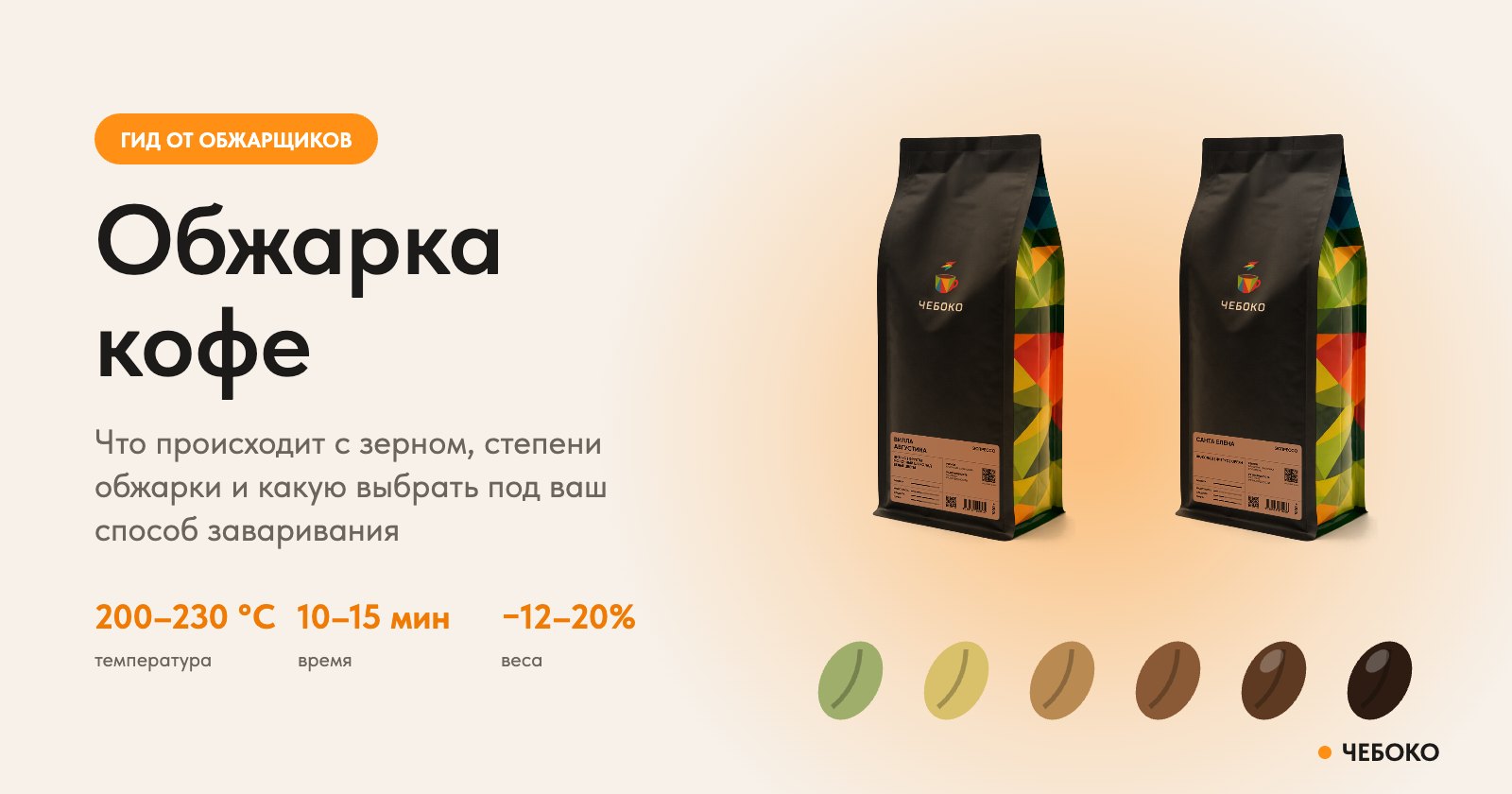 Обжарка кофе: зёрна от зелёного до тёмной обжарки и пачки кофе Чебоко
