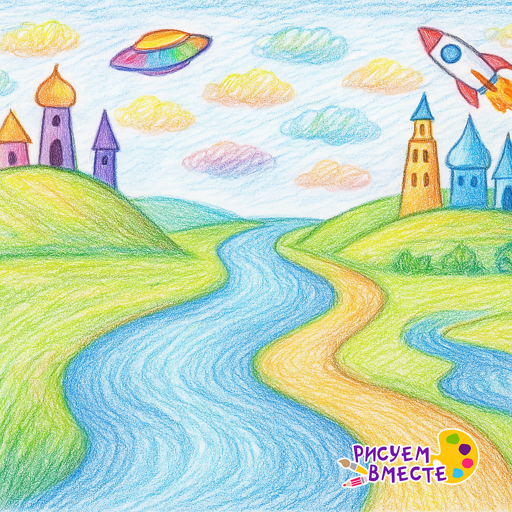Детский рисунок воображаемого города с дорогой и рекой