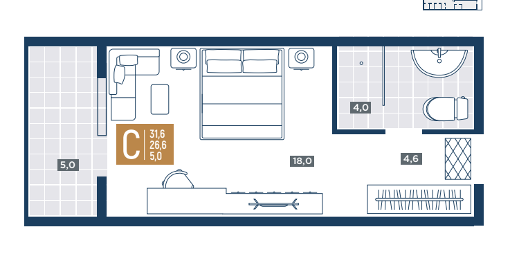 Планировка студия 31,6 м²