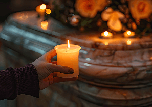 Рука держит зажженную свечу на фоне мраморного алтаря с цветами и свечами, символизируя активации и их значение