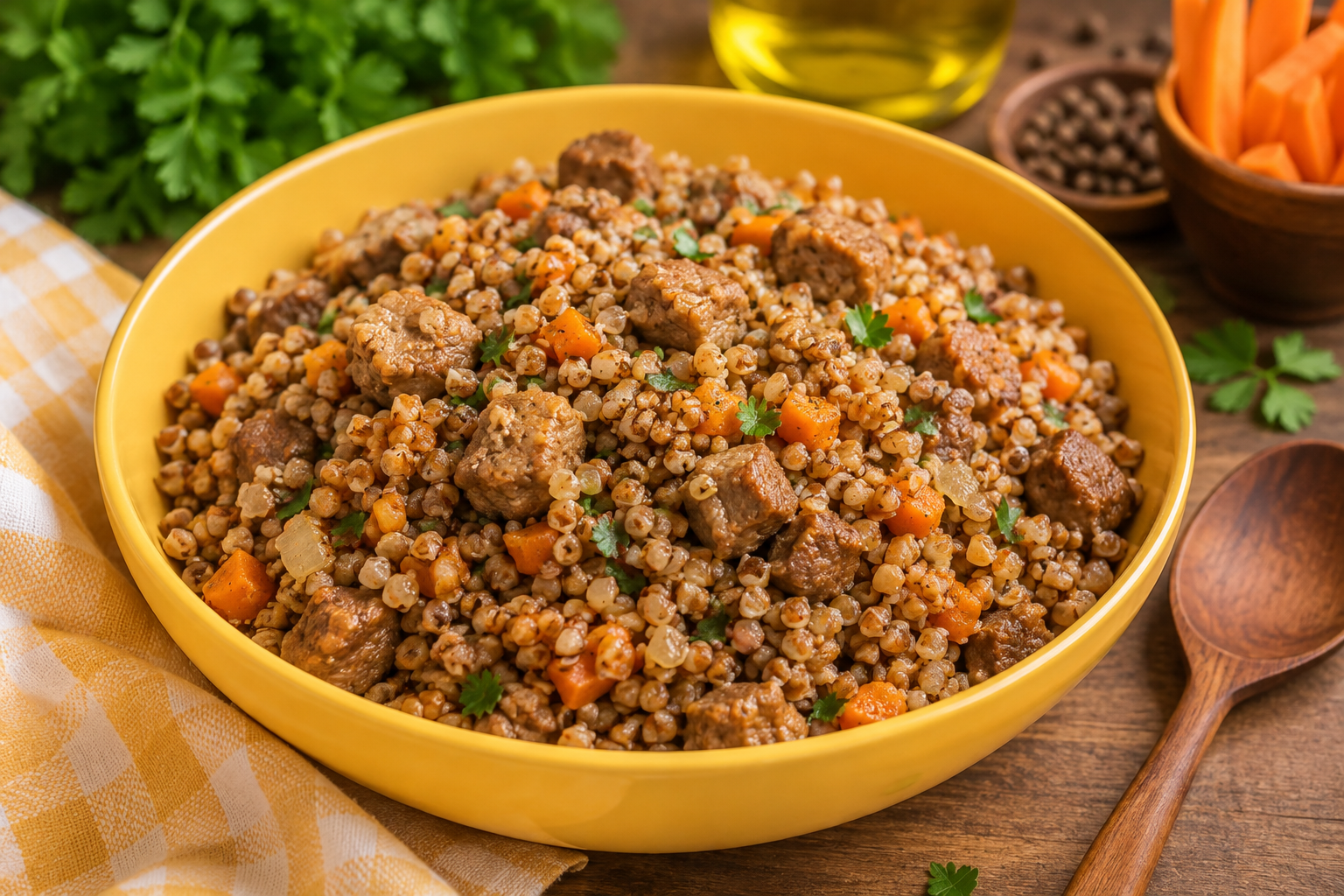 Готовая гречка с мясным фаршем, луком и морковью, рассыпчатая и ароматная.