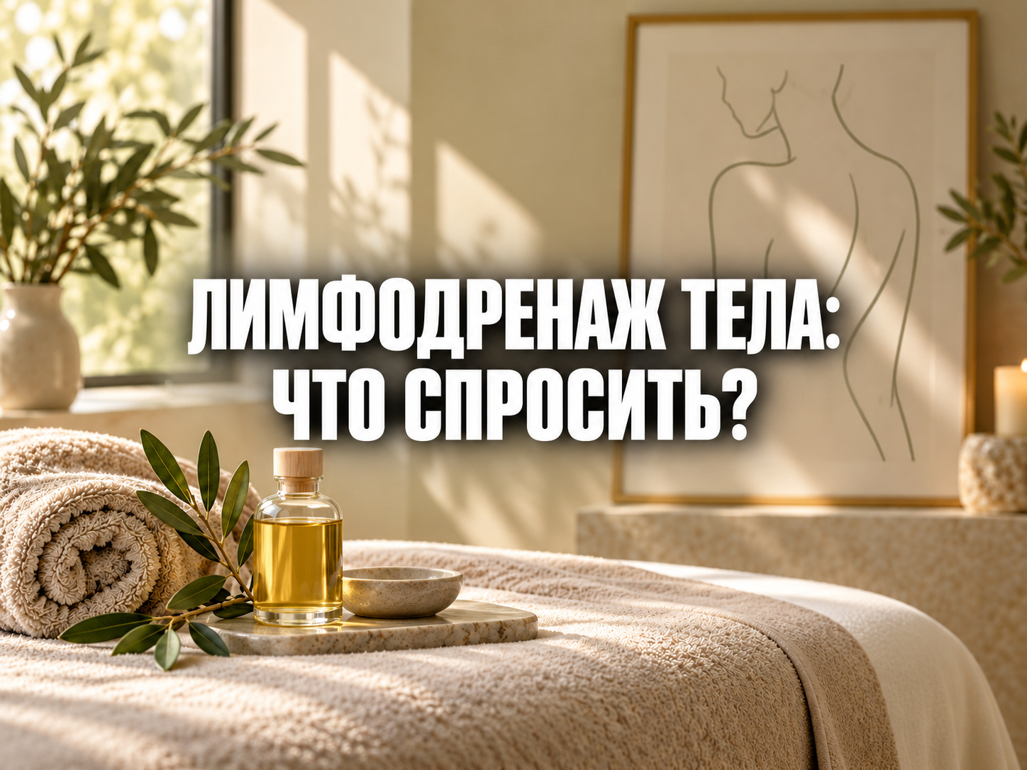 Спа-композиция с полотенцами, массажным маслом и силуэтом тела в тёплом естественном свете; по центру фраза «ЛИМФОДРЕНАЖ ТЕЛА: ЧТО СПРОСИТЬ?»