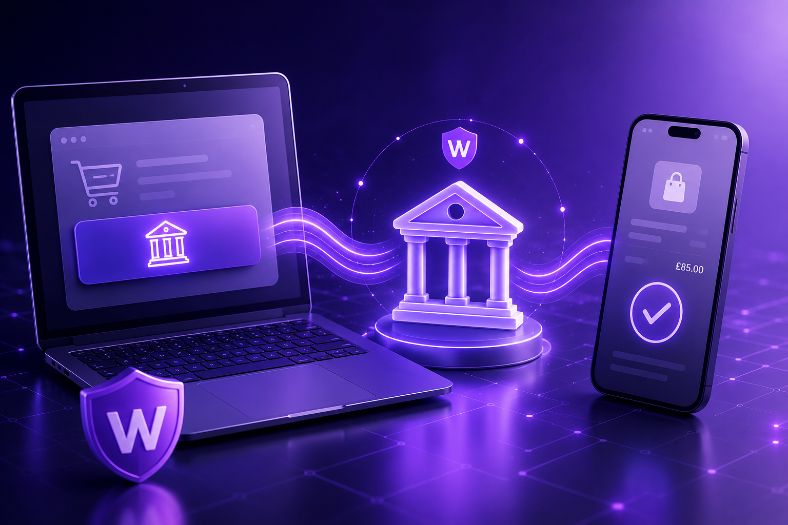 Futuristic illustration of an AI-built website accepting Pay by Bank payments through Open Banking with Wallid integration.