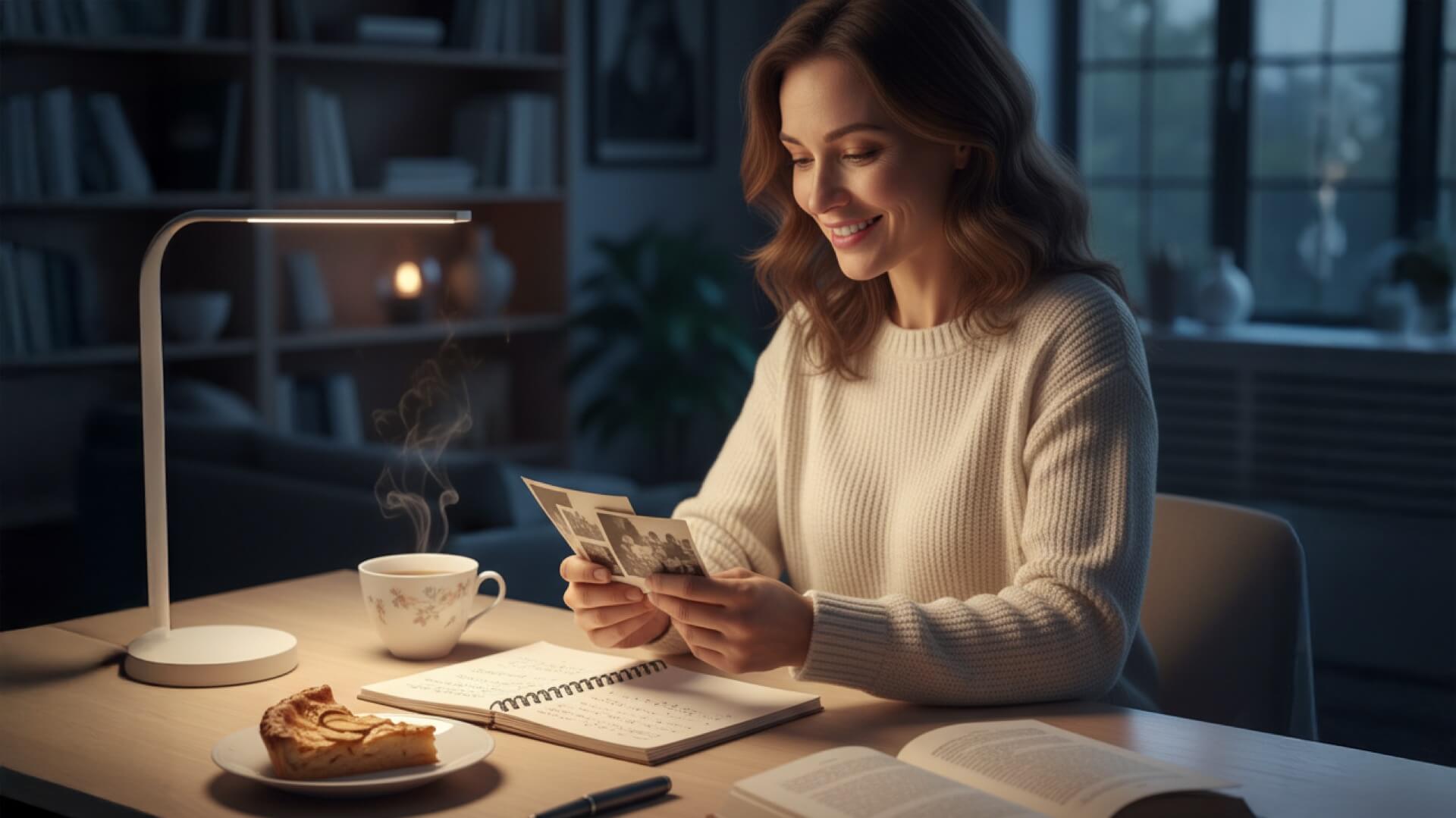 Дочь готовится подарить маме песню: сидит за столом с фотографиями и блокнотом, создаёт трогательное поздравление ко дню рождения