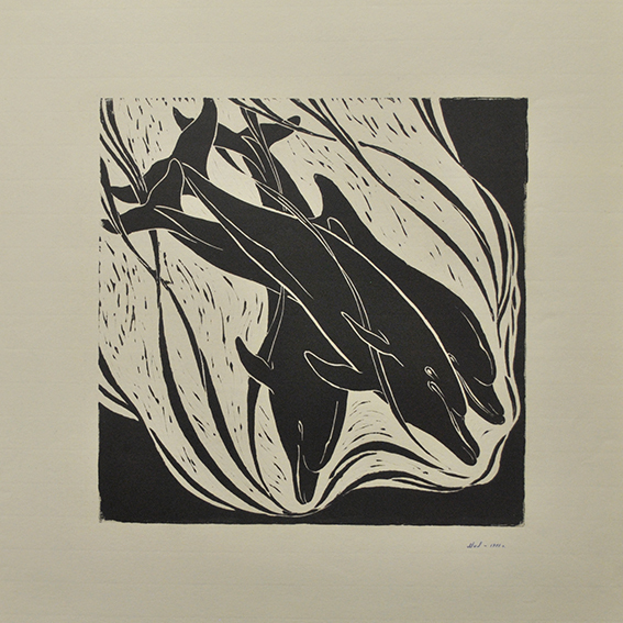 engraving linocut dolphin