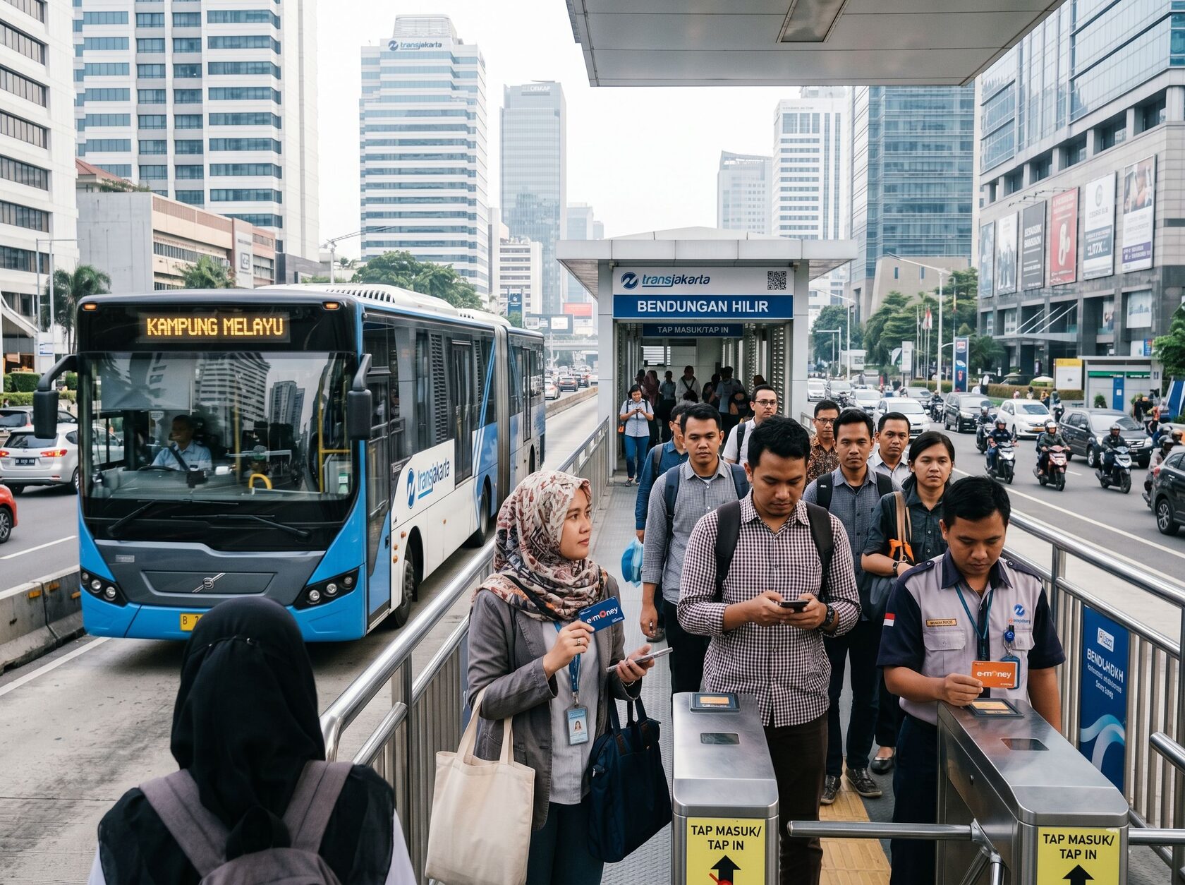 penumpang Transjakarta menunggu bus di halte