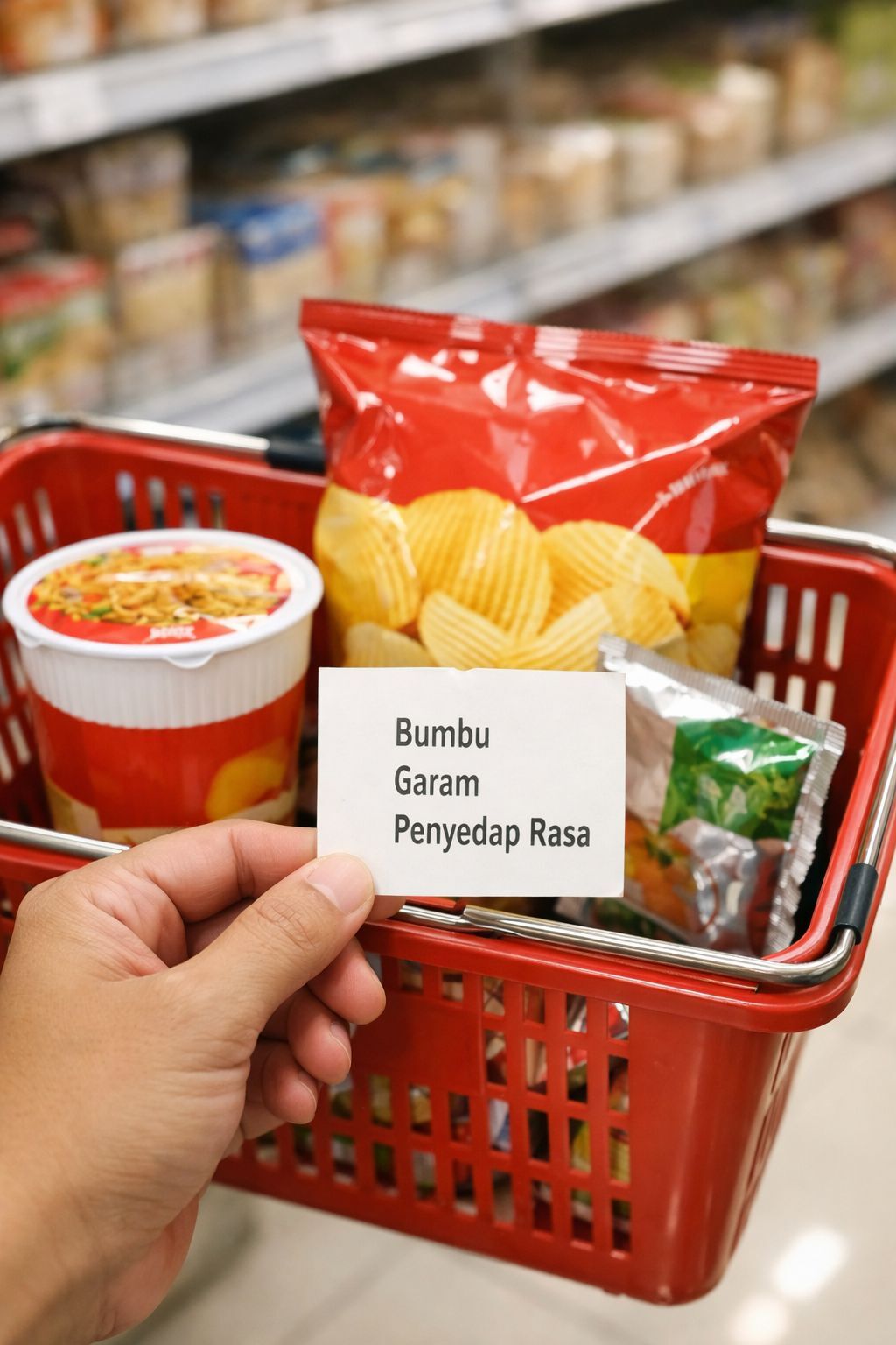 Keranjang belanja berisi makanan kemasan dengan ilustrasi bumbu, garam, dan penyedap rasa untuk tips membaca label makanan