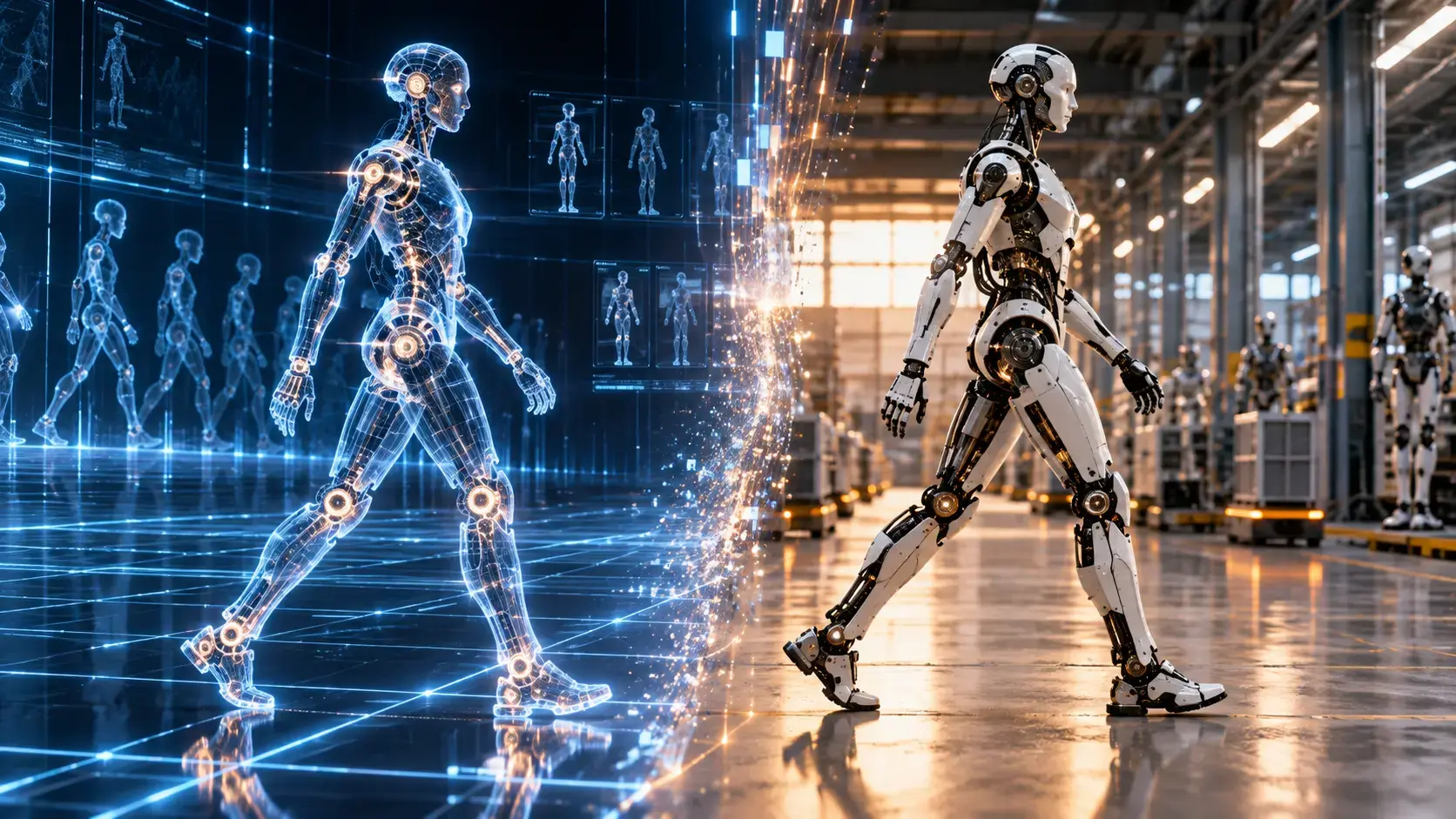A split-composition image showing a seamless transition: a glowing wireframe digital twin of a robot walks in a virtual simulation on the left, while a physical robot executes the same movement in a real warehouse on the right