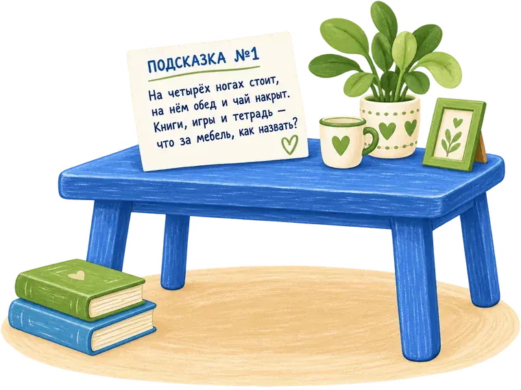 Стол с книгами, чашкой и запиской-загадкой для домашнего квеста