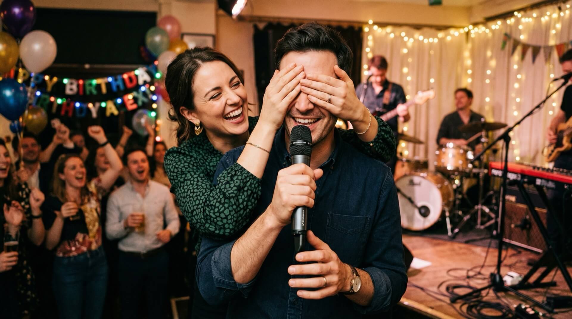 Женщина закрывает глаза мужчине с микрофоном — сюрприз с персональной песней на юбилей
