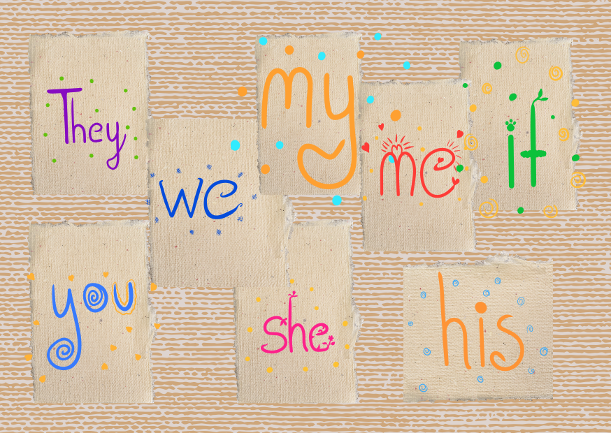 Английские местоимения: they, we, you, she, my, me, it, his на бежевом фоне