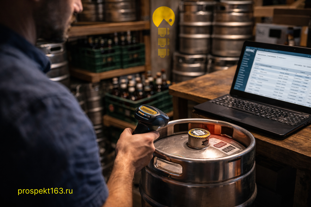 Приёмка кега с пивом и сканирование кода для учёта в системе ЕГАИС на складе