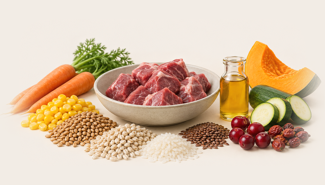 Ягнёнок, кукуруза, злаки, овощи, семена льна, клюква, шиповник и лососёвое масло