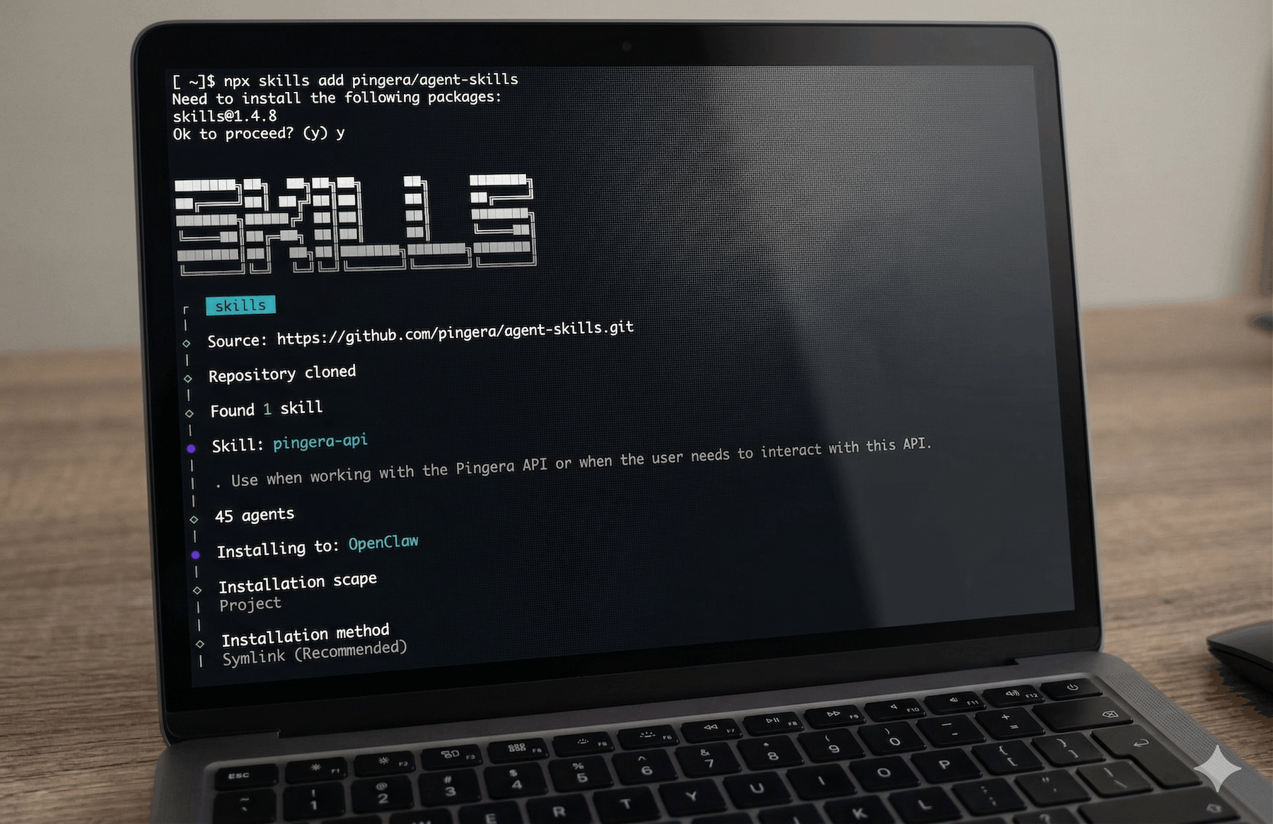 laptop screen with npx skill installation for pingera