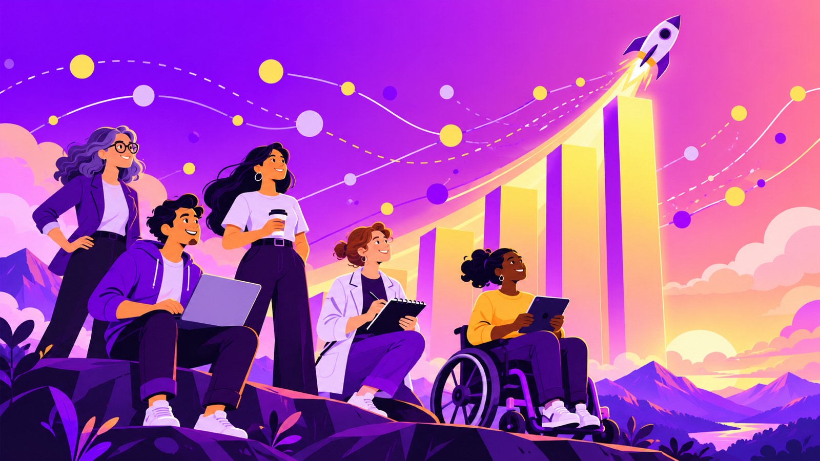 Super Founders summary illustration: a diverse group of founders of different ages and backgrounds look up at a rising purple-and-yellow bar chart with a rocket shooting past data points in the sky