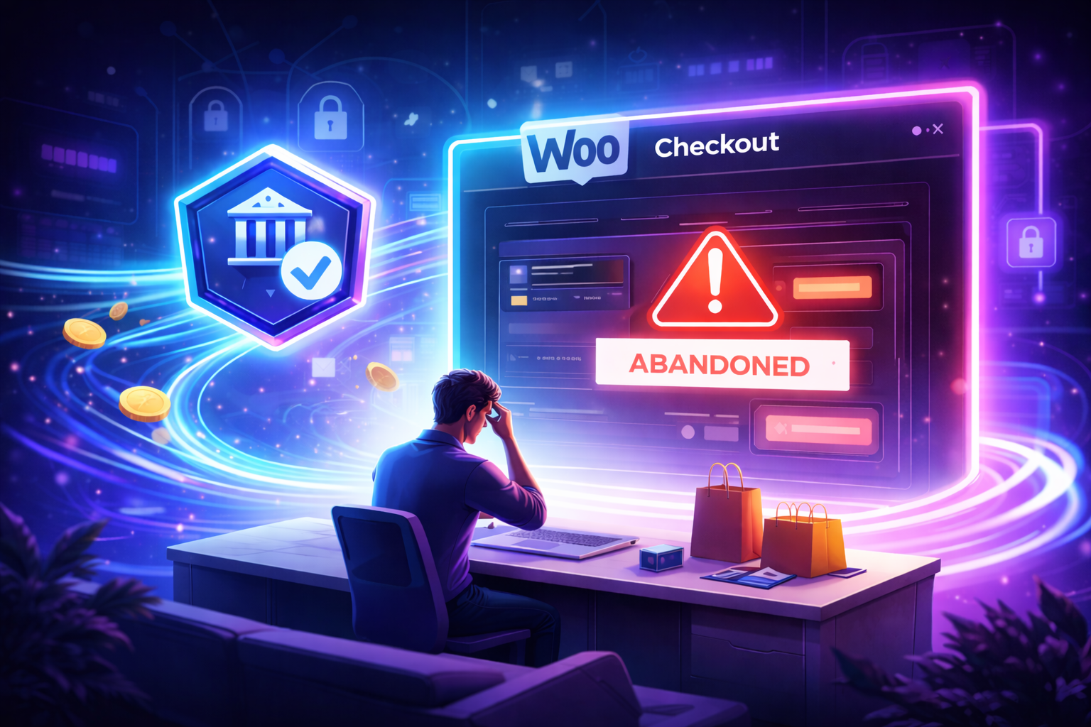 Futuristic illustration of WooCommerce checkout abandonment with warning message and glowing bank shield representing pay-by-bank solution