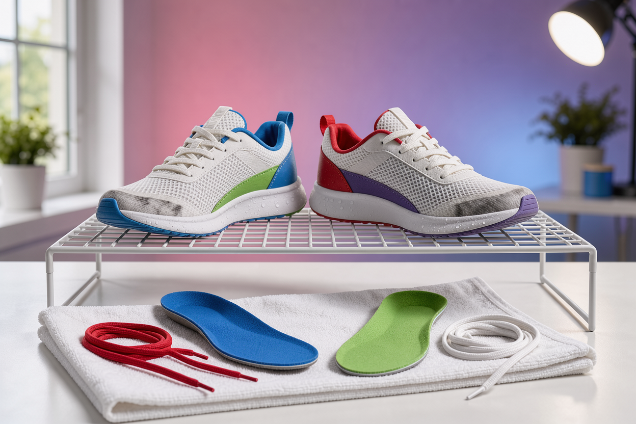 pair of sneakers air drying on a rack indoors, insoles and laces drying separately on a towel, natural light from window