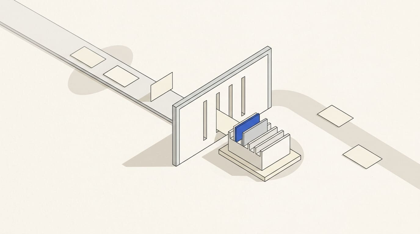 Enquiry cards pass through a screening frame, with matching cards entering a client-record tray.