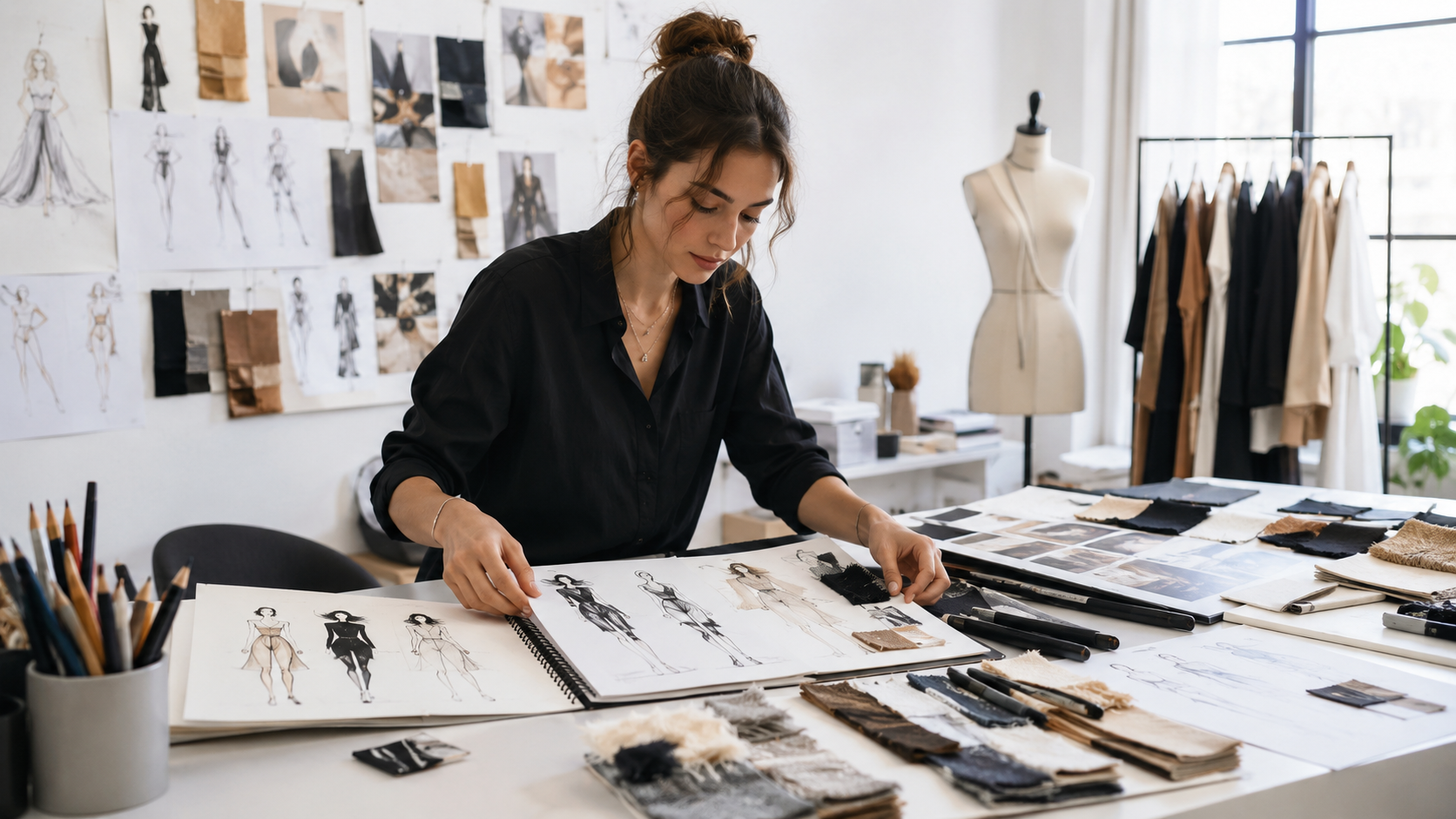 Fashion student arranging sketches, concept boards, and fabric samples for a fashion school portfolio.