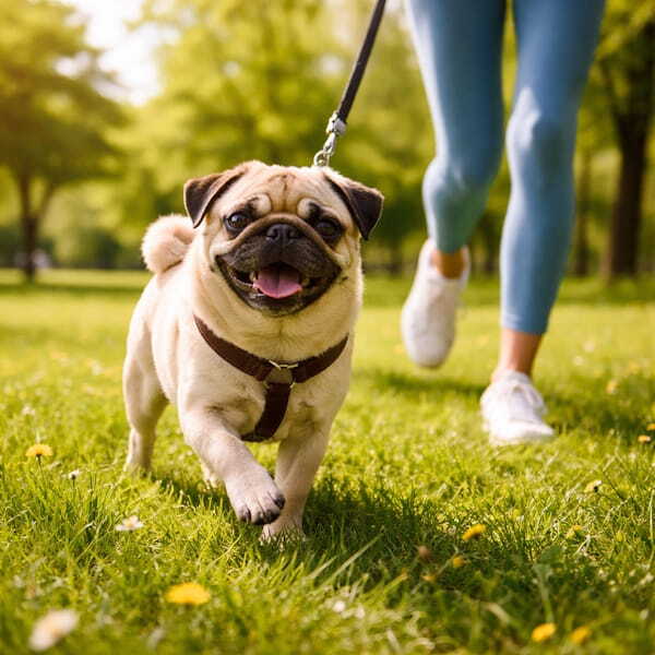 Довольный мопс на поводке бежит по зеленой траве весной, рядом идет хозяйка в голубых леггинсах и белых кедах в солнечный день
