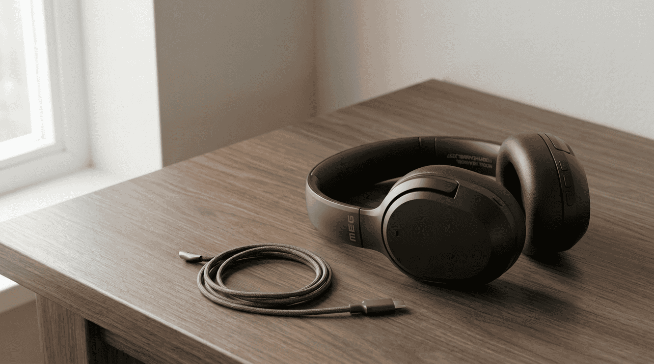Беспроводные наушники MEG рядом с кабелем USB Type C во время безопасной зарядки