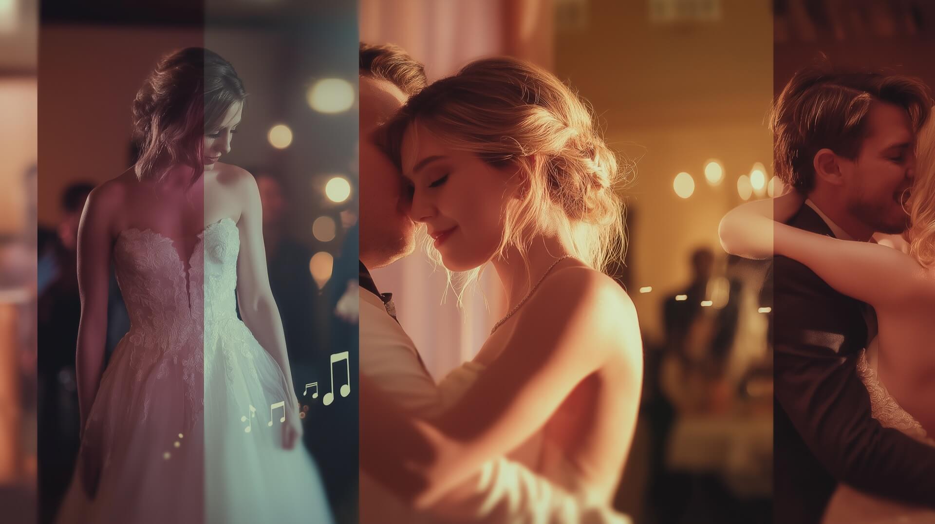оллаж из трёх фото: выход невесты, первый танец молодожёнов и сюрприз родителям, иллюстрирующий главные моменты свадьбы для песни.