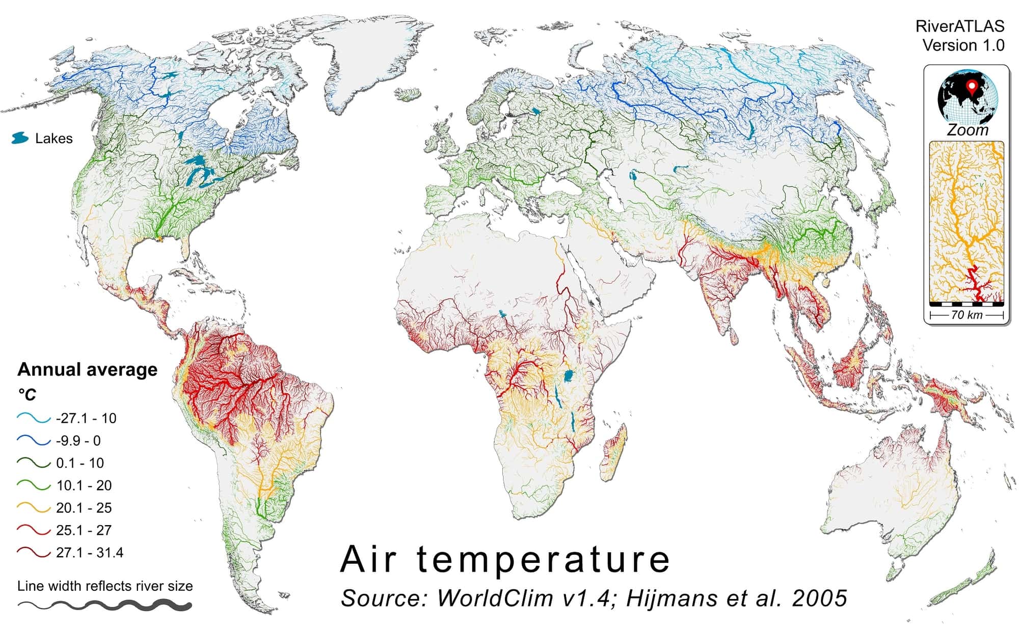 Global map of average temperature per river reach. Temperatures range from dark red (hot) to light blue (cold).