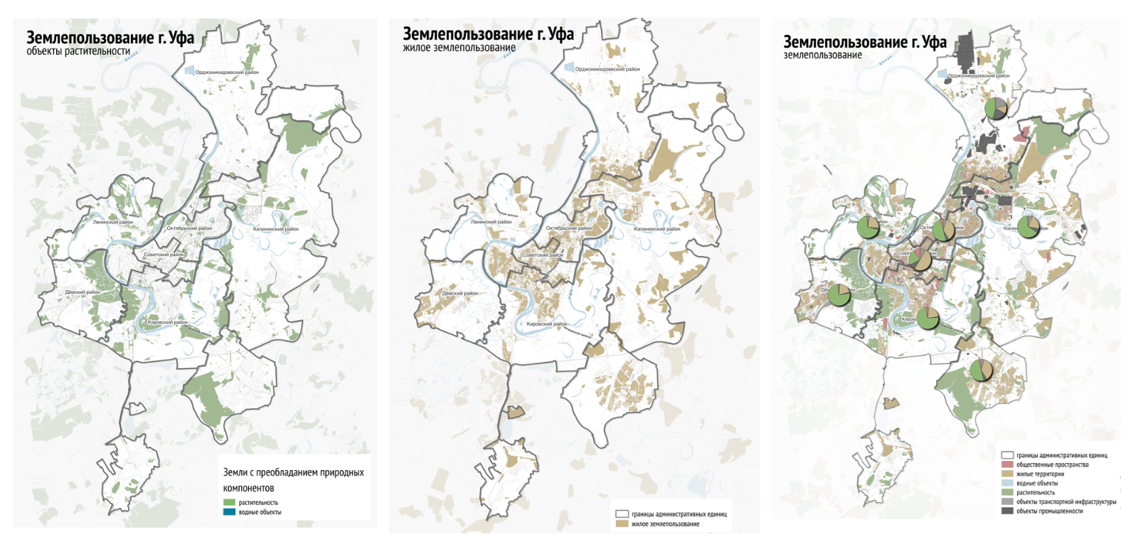Три карты города Уфа, выполненные на курсе по QGIS