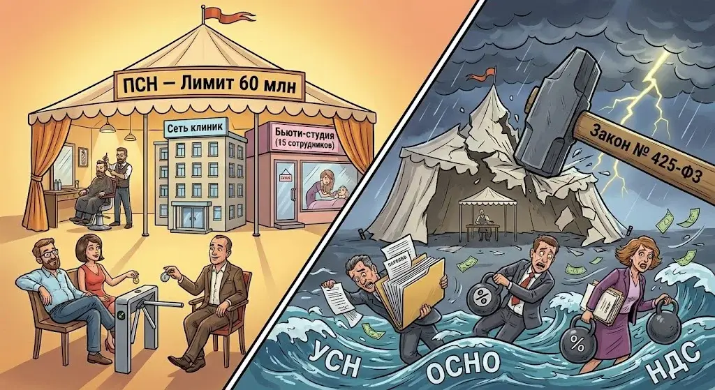 Сравнение налоговой нагрузки на салоны красоты до и после закона 425-ФЗ: разрушение шатра ПСН и переход на УСН, ОСНО и НДС.