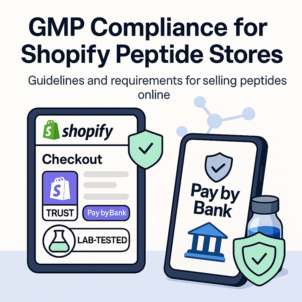 Digital illustration representing Good Manufacturing Practices (GMP) for Shopify peptide sellers in the UK — showing secure Pay-by-Bank checkout, verified lab-tested products, and compliance-focused eCommerce
