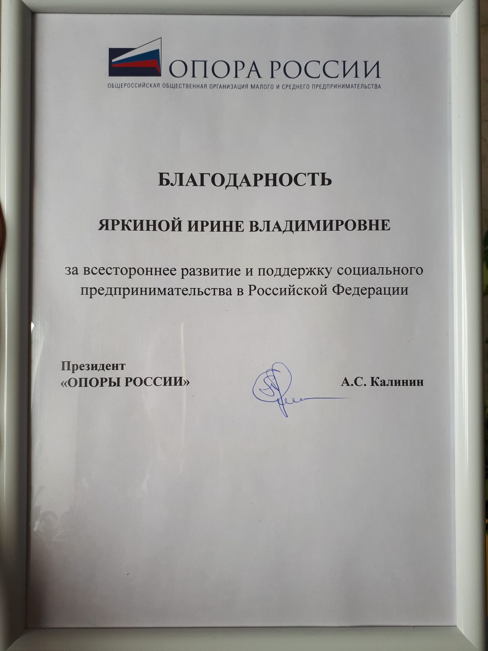 Благодарность ОПОРА РОССИИ