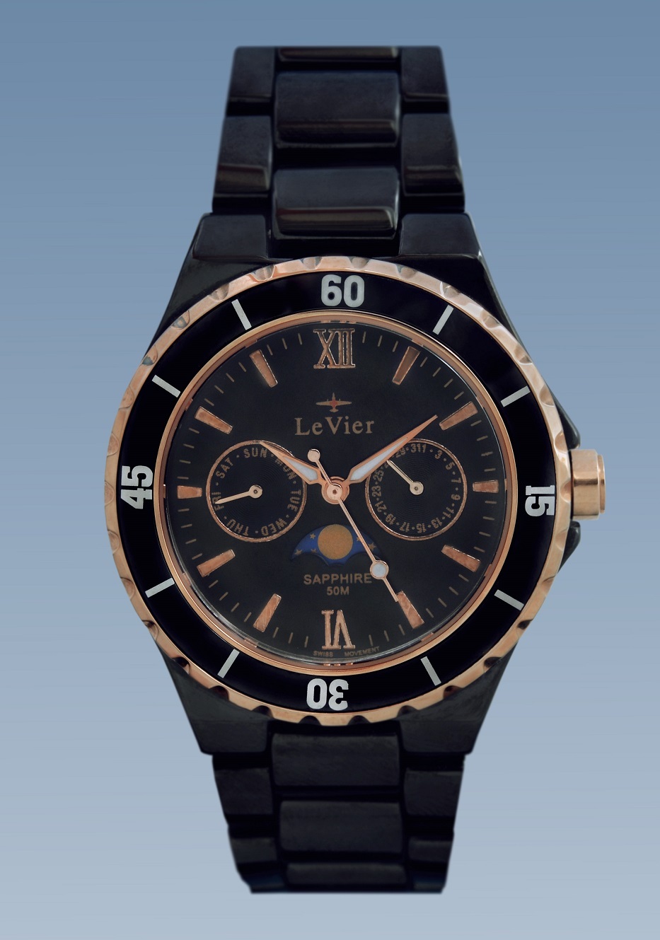 Купить Мужские керамические часы с лунным календарем LeVier L 7517 M Bl