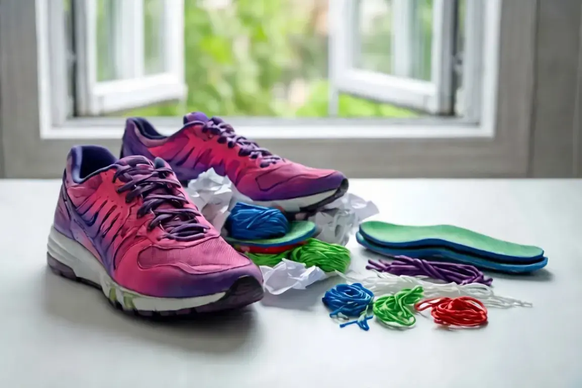 sneakers drying indoors on a flat surface stuffed with crumpled paper, insoles and laces laid out separately, open window with fresh air