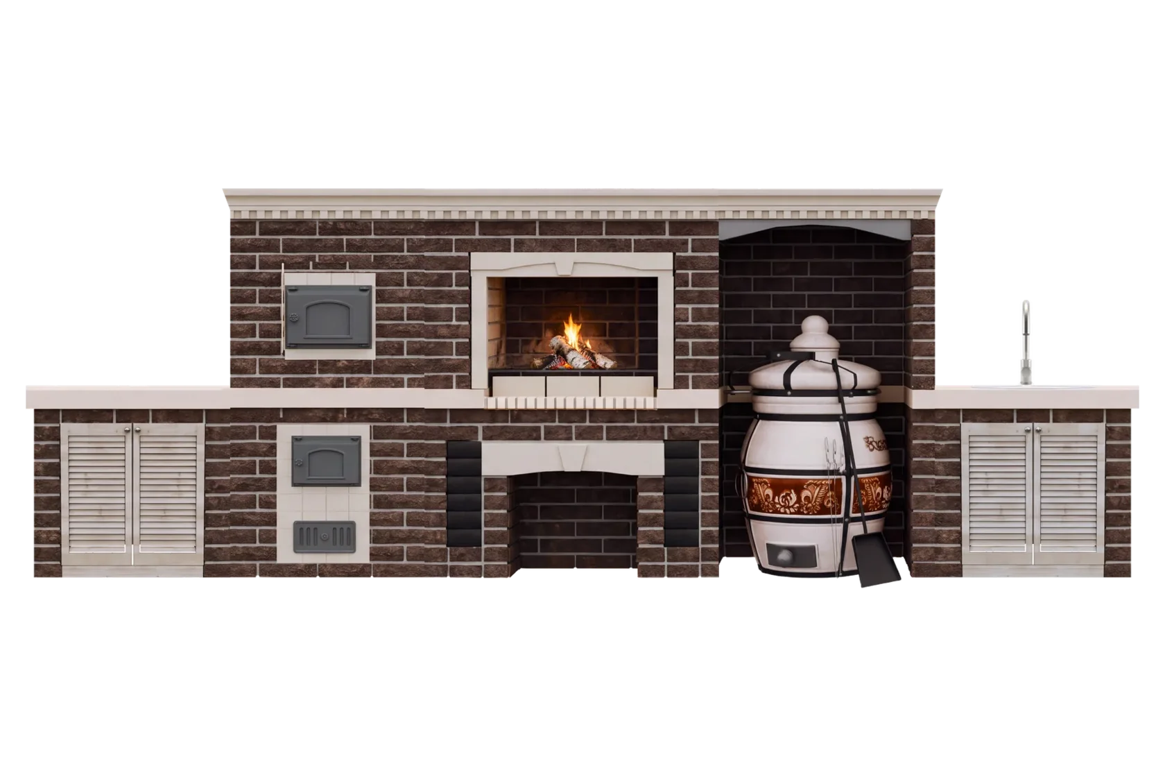 Русская печь из кирпича с мангалом, тандыром, столами и мойкой «Атлант», тёмно-коричневый клинкерный кирпич, визуализация