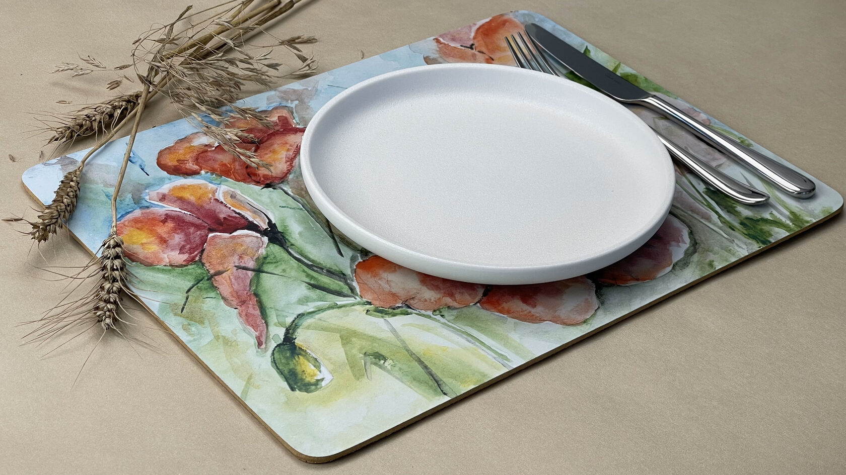 Салфетки сервировочные прямоугольные из пробки "Маки акварель"