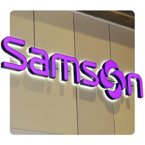 Вывеска "Samson" с лицевой и контражурной подсветкой