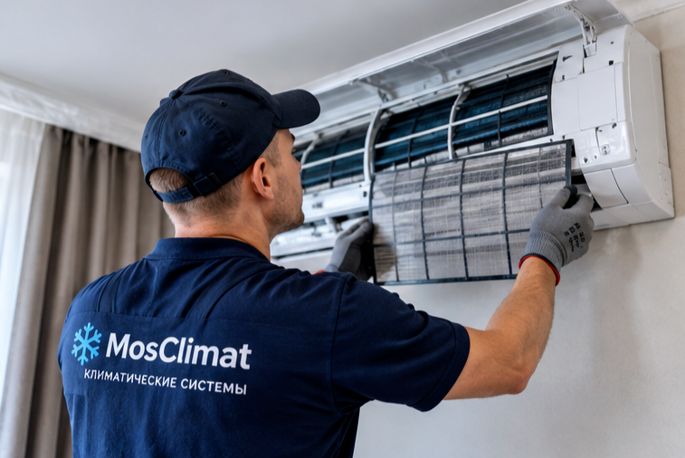 Специалист MosClimat выполняет монтаж кондиционера