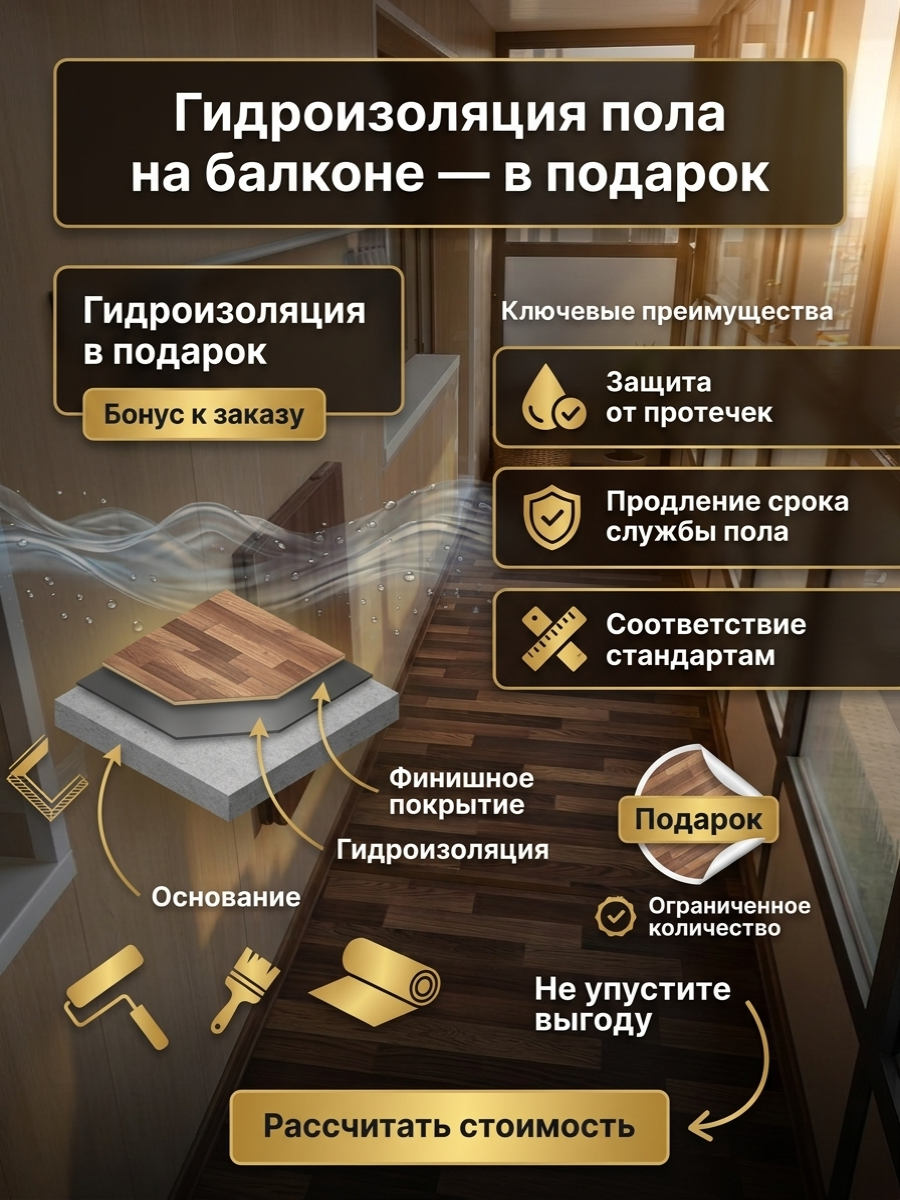 Гидроизоляция пола на балконе в подарок при заказе монтажа