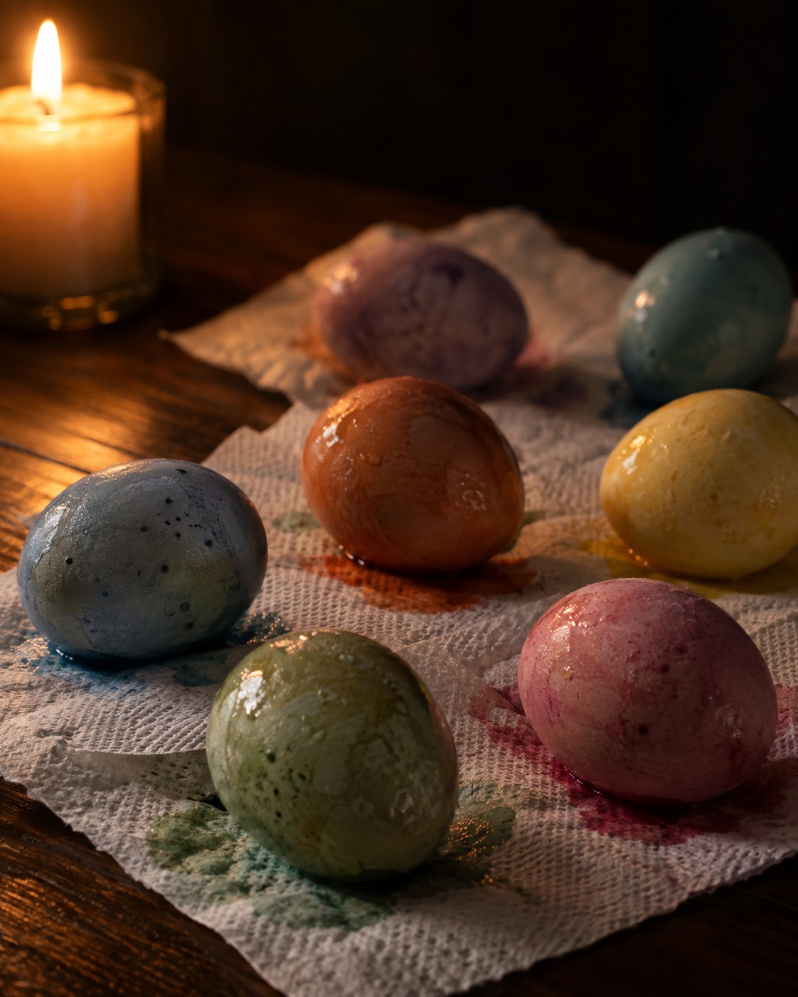 Freshly dyed eggs drying on paper towels, colors pooled and uneven