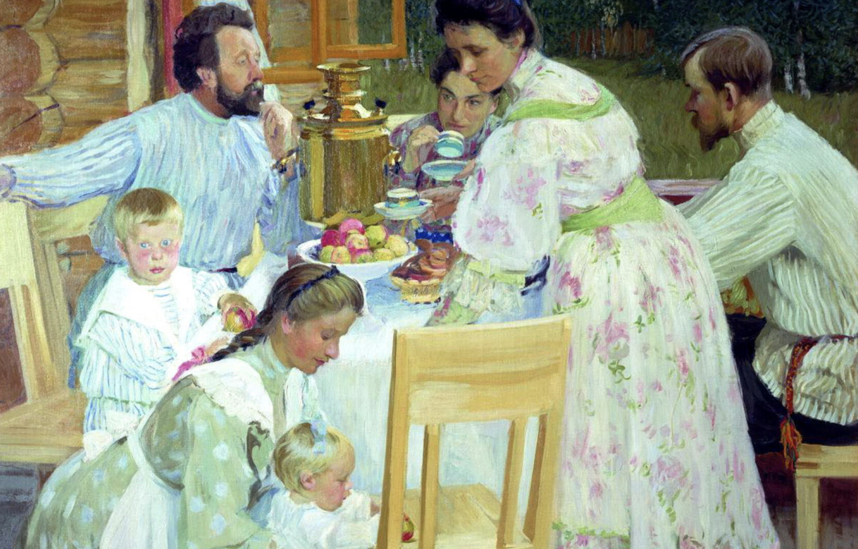 Б. М. Кустодиев. На террасе. 1906. Тема семьи в отцы и дети