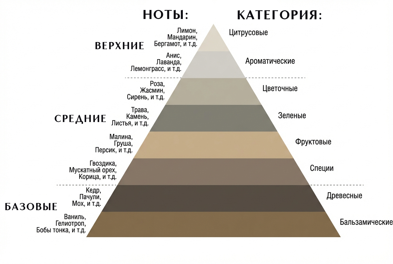 Пирамида парфюмерных нот: верхние, средние, базовые