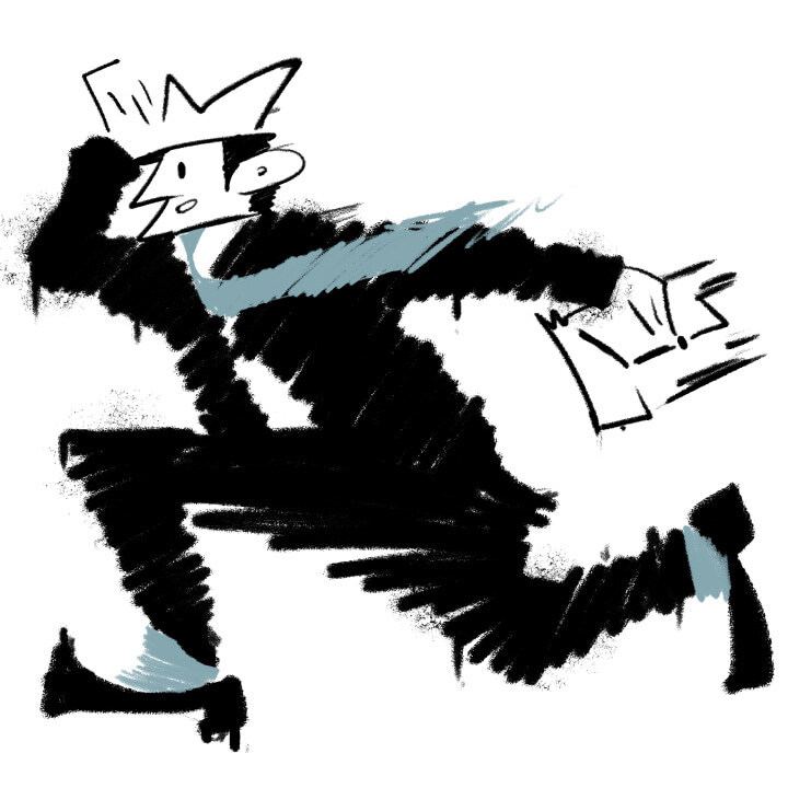 Рисованный персонаж бежит с портфелем в руках, в черном костюме с красным галстуком, в красных носках