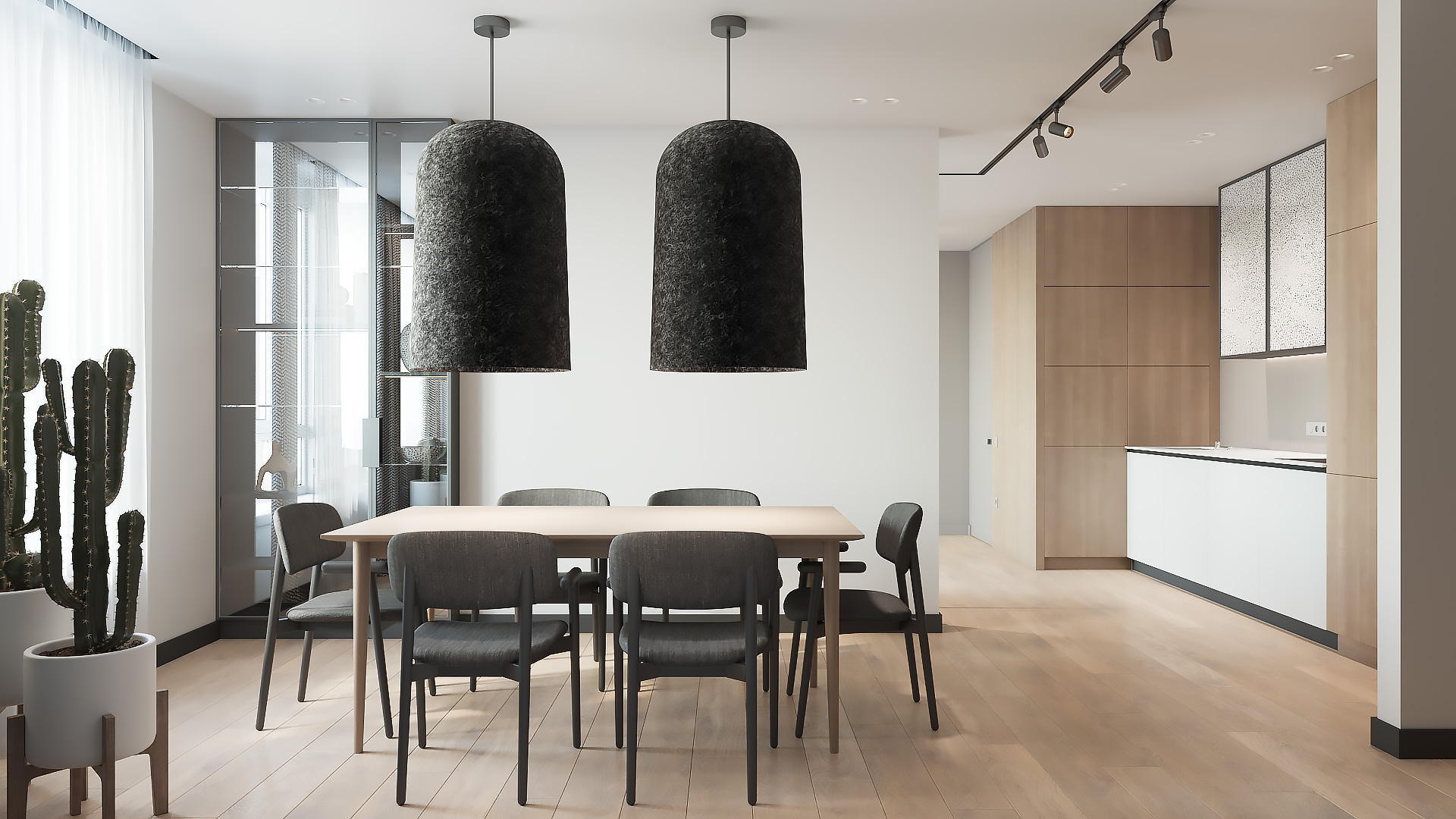 Salle à manger minimaliste avec table en bois et grandes suspensions noires