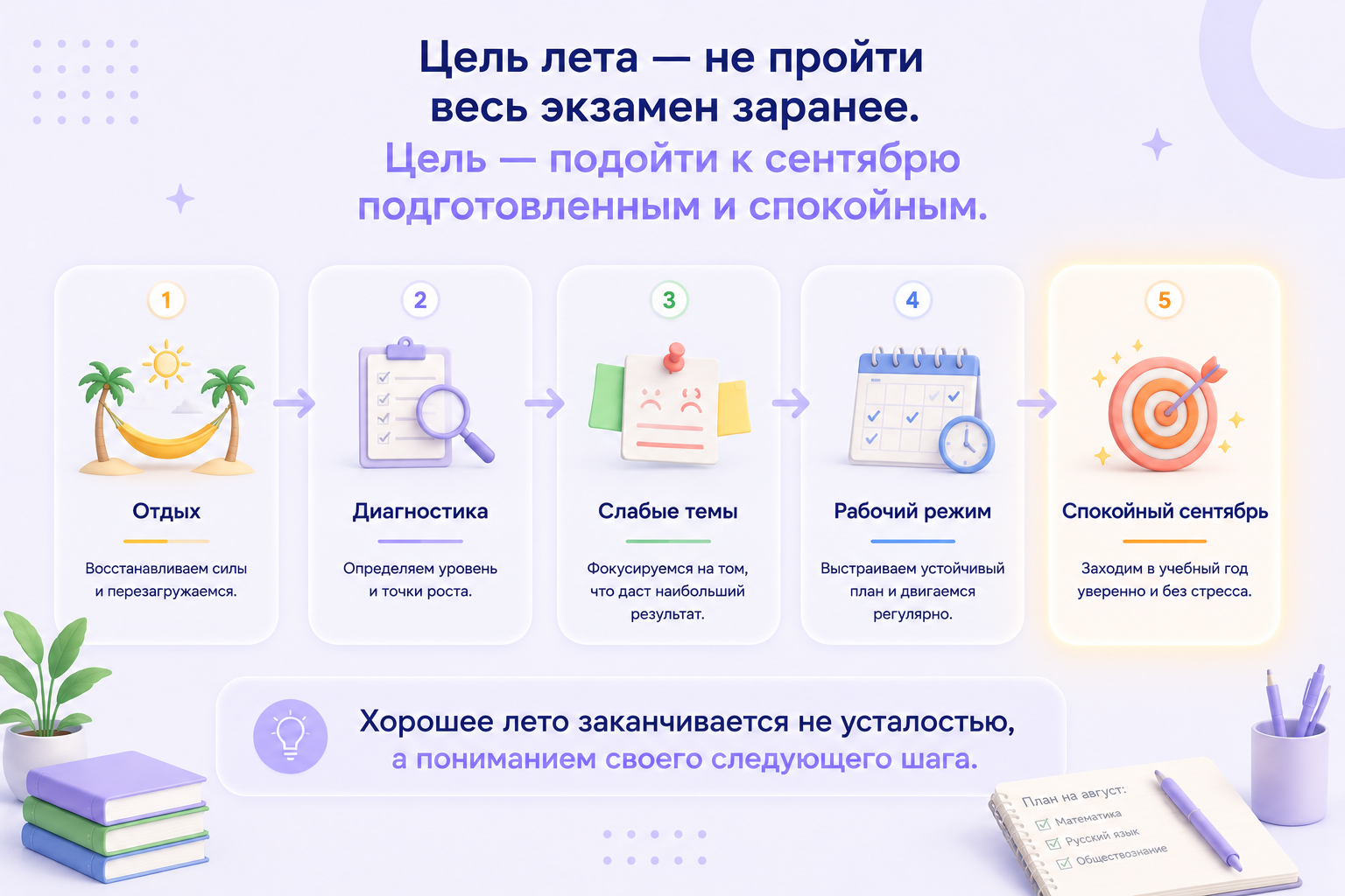 Летняя подготовка к ОГЭ и ЕГЭ без перегрузки: пошаговый маршрут ученика от отдыха и диагностики знаний до выявления слабых тем, формирования учебного режима и спокойного старта нового учебного года. Онлайн-школа Brainius.