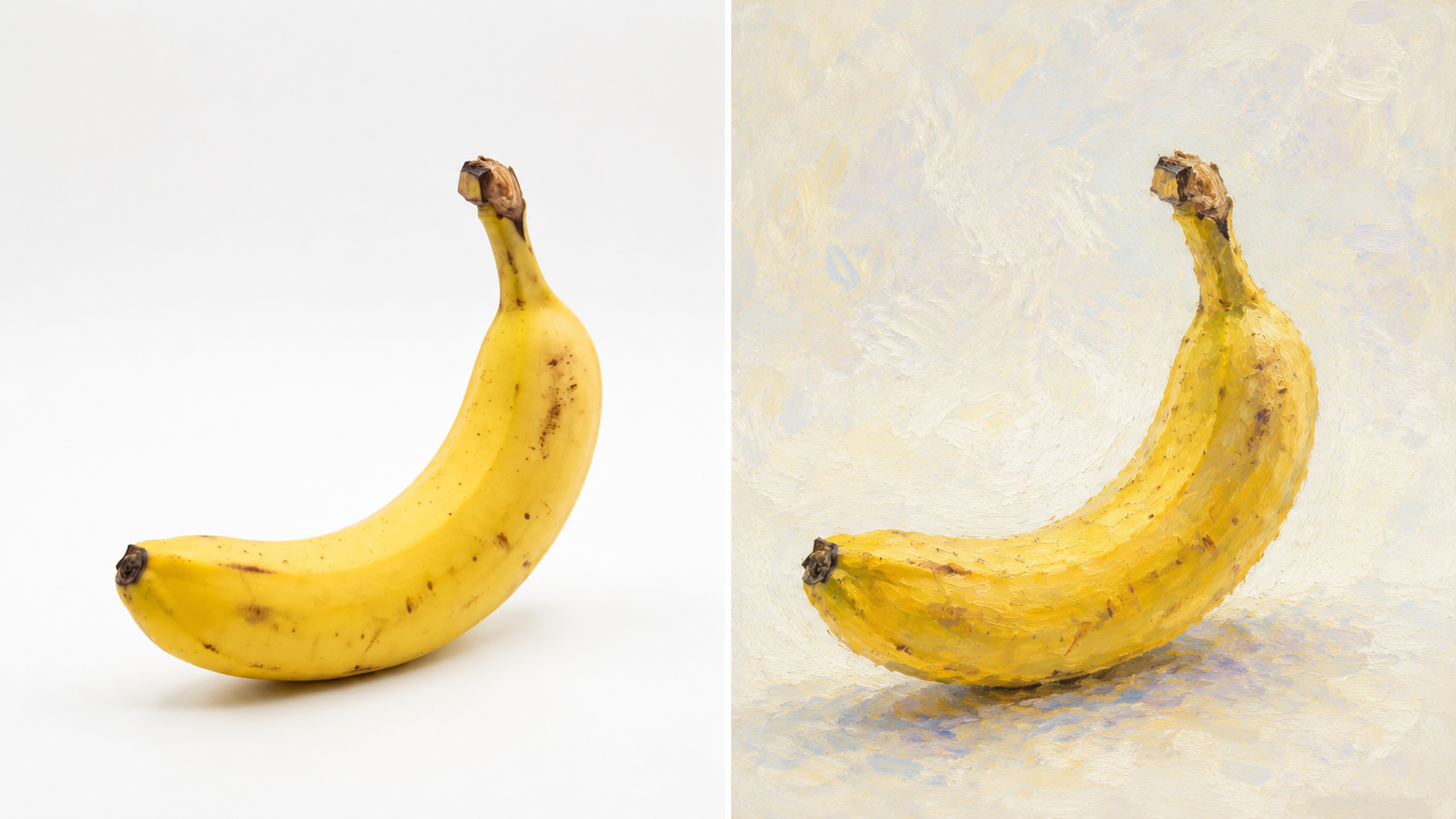Side-by-side horizontal comparison of a real banana reference photo and an impressionist painting of the same banana on a light background.