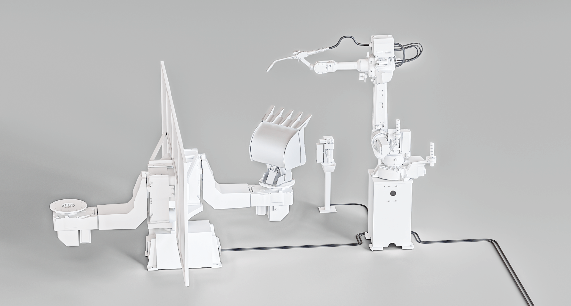 robotic cell with a robot and a five-axis positioner: fast products loading