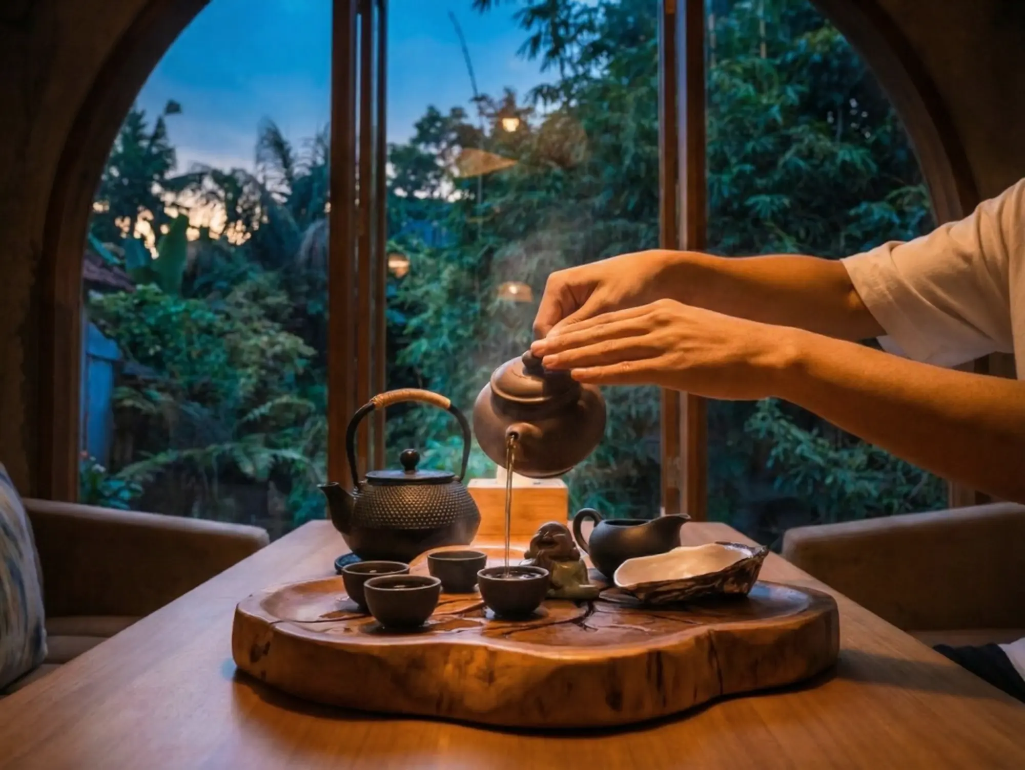 A close-up photograph of a skilled hand performing a precise Gongfu tea pour on a detailed wooden tray contrasting a warm interior with a twilight view of lush green trees through a large arched window. This image perfectly encapsulates the authentic expe